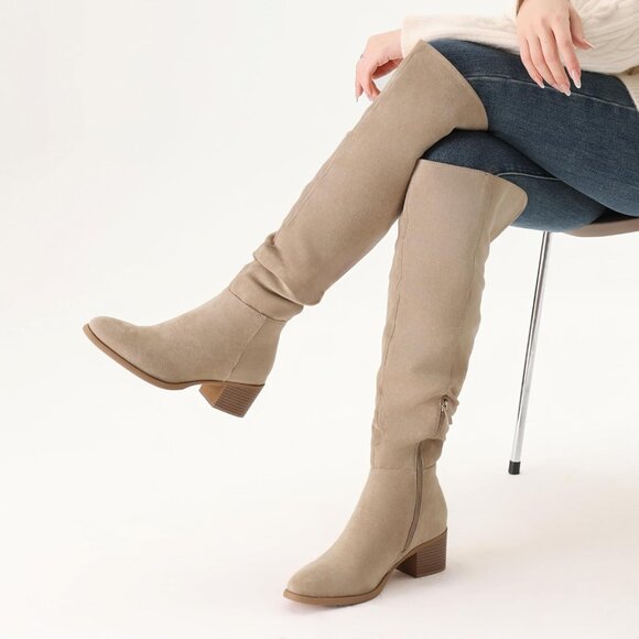 Women's Khaki Suede Over The Knee Thigh High Chunky Block Heel Pointed Toe Boots - Picture 4 of 6